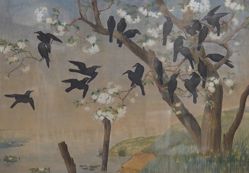 Early 20th century School, watercolour, 'A murder of crows and cherry blossom', unsigned, 39 x 57cm, housed in ebonised frame. Condition - poor to fair, discolouration throughout